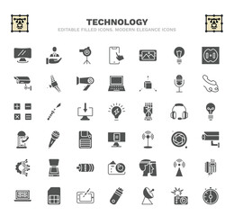 set of technology filled icons. technology glyph icons such as lcd screen, pitching hine, tablet with picture, radio microphone, light on, basic microphone, security cam, face shield, digital pen