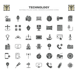 set of technology filled icons. technology glyph icons such as camera flash, vintage digital camera, half hour, basic calculator, horizontal tablet, lcd screen, photograph camera, recording,