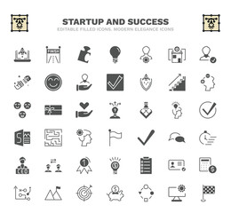set of startup and success filled icons. startup and success glyph icons such as startup laptop, jigsaw, management, career ladder, strategy choice, strategy in a labyrinth, quick, procedure,
