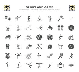 set of sport and game filled icons. sport and game glyph icons such as boxing glove, brazilian, excersice, shin guards, soccer football ball, jet surfing, tennis sport ball, weighted bars,
