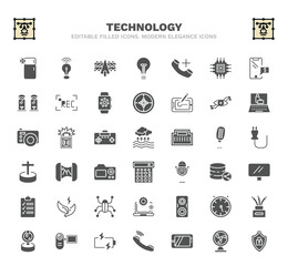 set of technology filled icons. technology glyph icons such as domestic, solar plane, add call, contact lens, evaporation, panoramic, simple screen, sound box, battery power vector.