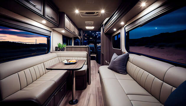 Vehicle recreational interior in wooden view of motorhome modern camper rv van. RV Interior Living Room and Kitchen.