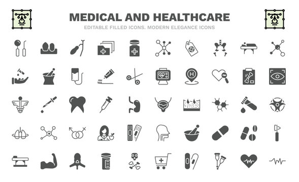 set of medical and healthcare filled icons. medical and healthcare glyph icons such as dentist tool, gallbladder, tag with a cross, acid falling on hand, caduceus, bladder, breath control, table of