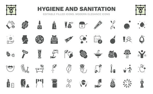 set of hygiene and sanitation filled icons. hygiene and sanitation glyph icons such as drying hands, varnish, nail clippers, sanitary, parasite, sanitary napkin, beardy, lip balm, chlorine vector.