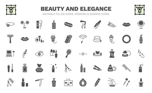 set of beauty and elegance filled icons. beauty and elegance glyph icons such as eye patch, patches, tweezers, disposable razor, eye shadow, hair, liquid lipstick, barber shop, nail polish vector.