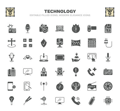 set of technology filled icons. technology glyph icons such as camera flash, vintage digital camera, half hour, basic calculator, horizontal tablet, lcd screen, photograph camera, recording,