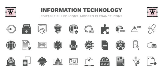 set of information technology filled icons. information technology glyph icons such as login, web optimization, image seo, broken link, code listing, seo management, seo badge, program error, web