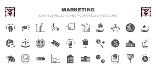 set of marketing filled icons. marketing glyph icons such as potential, yield, sales, benefits, web graphic, banner, recommendation, marketing graph, service, ratio vector.