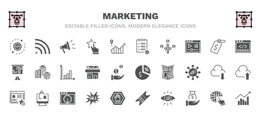 set of marketing filled icons. marketing glyph icons such as configuration, promote, result, webcode, diagrams, margin, favorite web, sale, business eye, trend vector.