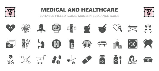 set of medical and healthcare filled icons. medical and healthcare glyph icons such as diagtic, vertebra, phary tool, pelvic area, esophagus, sternum, dead, drug pills, cure, nurse cross vector.