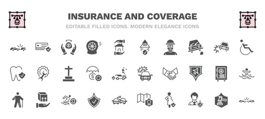 set of insurance and coverage filled icons. insurance and coverage glyph icons such as rear end collision, savings, replacement value, disabled, funeral, burning car, wounded, protection, pregnancy