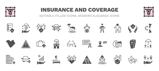set of insurance and coverage filled icons. insurance and coverage glyph icons such as contract coverage, family insurance, long term protection, fracture, luggage license, building hospitalization,