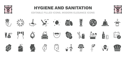 set of hygiene and sanitation filled icons. hygiene and sanitation glyph icons such as electric razor, wet cleaning, gel, face towel, urinal, sanitary napkin, hygienic pad, epilator, hand dryer,