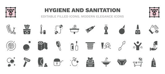 set of hygiene and sanitation filled icons. hygiene and sanitation glyph icons such as grooming, toilet brush, tooth paste, drying hands, paper towel, laundry basket, bubbles, flossing, washbowl,