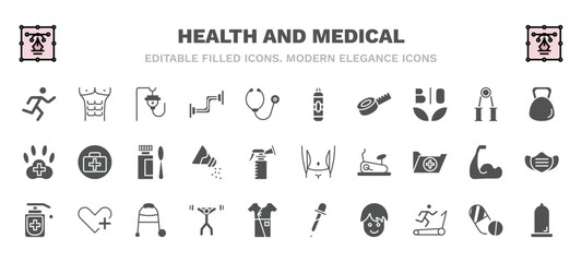 set of health and medical filled icons. health and medical glyph icons such as running, saline, punching bag, dumbbell, syrup, body, desinfectant, weightlifting, boy, condom vector.