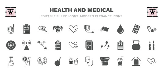 set of health and medical filled icons. health and medical glyph icons such as sphygmomanometer, optometrist, blood pressure gauge, pills, dumbbells, medical book, substance, enema, urine,