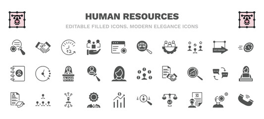 set of human resources filled icons. human resources glyph icons such as due diligence, 12 hours, job, urgent, boss, problems, curriculum, administrator, benchmarking, call vector.