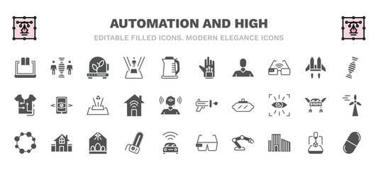 set of automation and high filled icons. automation and high glyph icons such as online learning, incubator, wired gloves, dna structure, hologram, blaster, nanotechnology, chainsaw, robot arm,