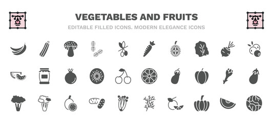 set of vegetables and fruits filled icons. vegetables and fruits glyph icons such as banana, mushroom, horseradish, blueberry, pomegranate, orange, broccoli, potatoes, tangerine, cabbage vector.