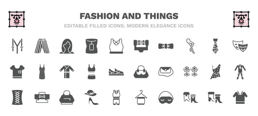 set of fashion and things filled icons. fashion and things glyph icons such as suspenders, wig, boxing ring, two carnival masks, kimono, woman bag, cord lace, style, sleeping mask, safety shirt