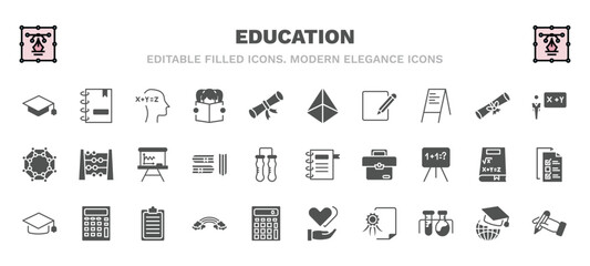 set of education filled icons. education glyph icons such as graduation mortarboard, equation, 3d de, teacher giving lecture, writing whiteboard, school agenda, graduate cap, basic rainbow, diploma