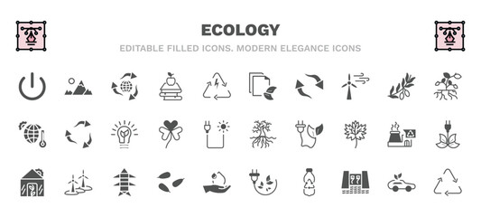 set of ecology filled icons. ecology glyph icons such as green power, recycling, eco paper, plant and root, green energy, tree and roots, green house, seeds, recycled bottle, recycle arrows vector.