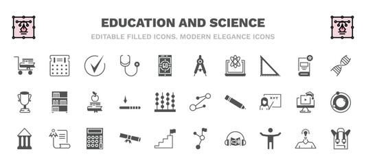 set of education and science filled icons. education and science glyph icons such as cart with books, check mark, draw with compass, dna strand, book and, molecular bond, bank, rolled diploma, audio