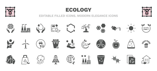 set of ecology filled icons. ecology glyph icons such as save the earth, save water, tree with many leaves, natural product, sustainability, 100 percent natural, coal, solar energy, recycle bin, eco