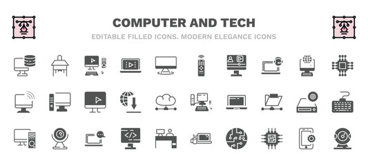 Fototapeta na wymiar set of computer and tech filled icons. computer and tech glyph icons such as pc storage, full computer, tv remote, square chip, monitor, pc with monitor, computing code, chips, webcamera vector.