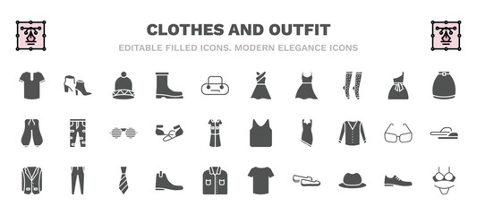set of clothes and outfit filled icons. clothes and outfit glyph icons such as henley shirt, knit hat with pom pom, long sleeveless dress, circle skirt, shutter sunglasses, jersey blazer, oxford