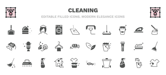 set of cleaning filled icons. cleaning glyph icons such as wiping dustpan, wiping woman head, compress cleanin, toilet brush cleanin, sponge cleanin, leaves, broom house wiping trash can, clean