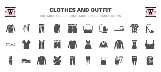 set of clothes and outfit filled icons. clothes and outfit glyph icons such as denim jacket, oxford wave suit pants, messenger bag, platform sandals, padded vest, drees, jumpsuit, chiffon suffle