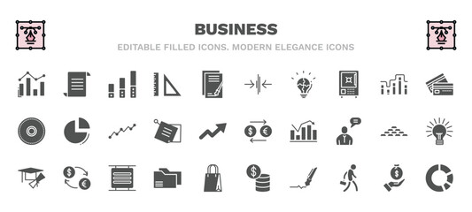 set of business filled icons. business glyph icons such as bar diagram, ranking factor, thin, bank card, lines, currency exchange, graduation ceremony, two folders, , pie chart statistics vector.