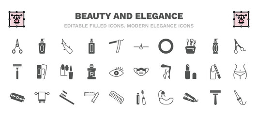 set of beauty and elegance filled icons. beauty and elegance glyph icons such as manicure scissors, aloe vera, hair, hair scissors, manicure, face mask, big razor blade, bobby pins, hair washer