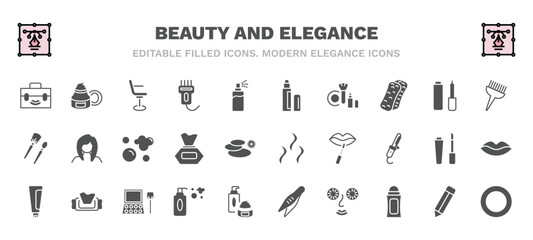set of beauty and elegance filled icons. beauty and elegance glyph icons such as big makeup box, beauty salon chair, concealer, tint brush, foam, aroma, cream tube, shampoo bottle, cucumber slices