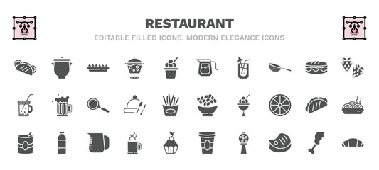 set of restaurant filled icons. restaurant glyph icons such as pita bread, nachos plate, coffe pot, strawberry drawing, frying pan from top, bowl of olives, mermelade tin, hot mug, candy balls,