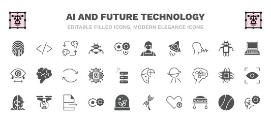 set of ai and future technology filled icons. ai and future technology glyph icons such as biometrics, mind transfer, shop assistant, laptop, replacement, deformity, humanoid, hine, healthcare,
