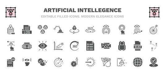 set of artificial intellegence filled icons. artificial intellegence glyph icons such as data security, hexagons, 360 degrees, goals, view, survey, page views, availability, intelligence, visit