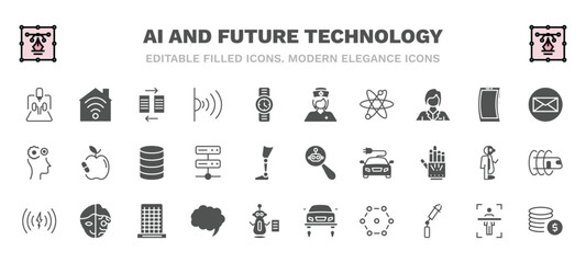 set of ai and future technology filled icons. ai and future technology glyph icons such as organ printing, data transfer, nurse, mail, database, microbots, wireless charging, speech bubble, ar