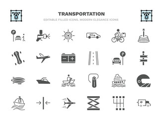 set of transportation filled icons. transportation glyph icons such as parking men, ship wheel, delivery bike, planes, car parking, yacht navigate, ferry, slim, lifter, carrier vector.