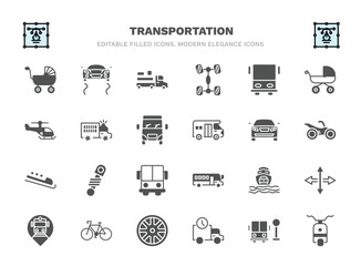 set of transportation filled icons. transportation glyph icons such as babysitter, loaded truck side view, public transportation, prison bus, auto, shock breaker, ferry carrying cars, bikes,