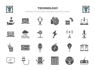 set of technology filled icons. technology glyph icons such as client, big microphone, electric socket on fire, evaporation, cell tower, tablet with picture, old light bulb, basic plug, basic
