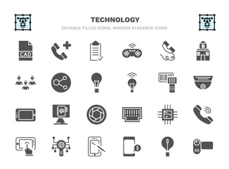 set of technology filled icons. technology glyph icons such as cad, summary, phone with wire, circular database, portable scanner, email agenda, big chip, technology, receive money message, video