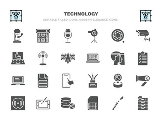 set of technology filled icons. technology glyph icons such as phone box, radio microphone, camera shutter, antenna, face shield, big floppy disk, front webcam, digital pen, big, photocopier vector.