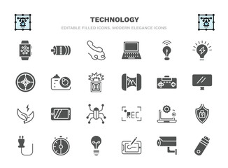 set of technology filled icons. technology glyph icons such as smart watch, phone with wire, wireless lighting, photograph camera, antique gamepad, horizontal tablet, services, half hour, drawing