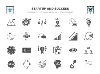 set of startup and success filled icons. startup and success glyph icons such as overcome, decision, coffee break, attractive, career ladder, gift voucher, strategic vision, adaptation, strategical