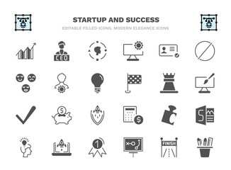 set of startup and success filled icons. startup and success glyph icons such as increase, user experience, identity, management, rook, piggybank, jigsaw, startup laptop, strategy sketch, stationery