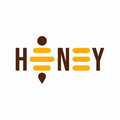 Honey word design with geometric abstract bee icon illustration on letters O and E.