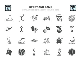 set of sport and game filled icons. sport and game glyph icons such as ankle, karate fighter, basketball basket, dancing motion, chest guard, ice skates, bullseye, gym ball, fisher fishing, football