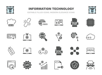 set of information technology filled icons. information technology glyph icons such as seo cloud, www, php, seo tools, optimization, software, command, api, encripted file, smart car vector.